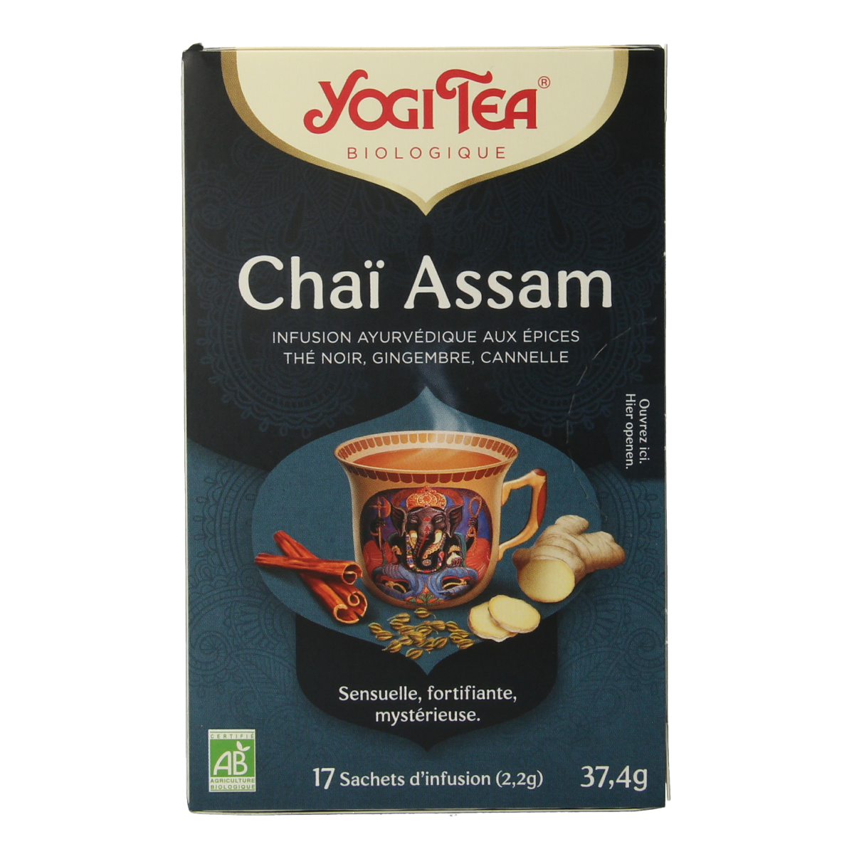 Yogi Tea Black Chai bio box with 17 tea bags, featuring traditional Indian spiced black tea in natural packaging.
