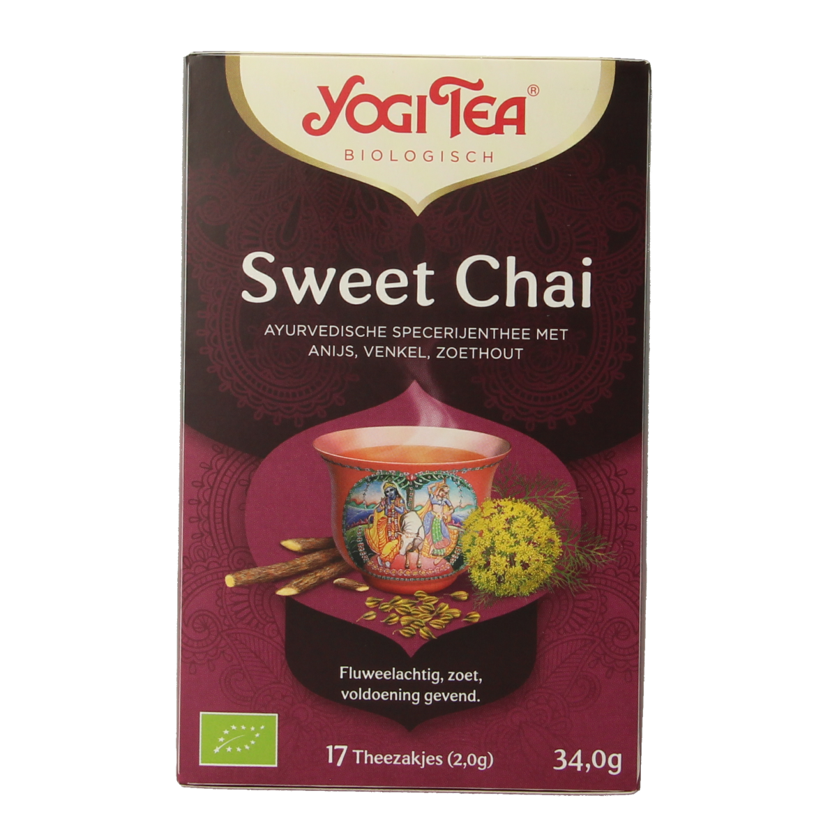 Yogi Tea Sweet Chai bio, 17 organic tea bags, showing a box of Yogi Tea Sweet Chai with tea bags inside.