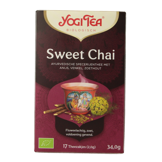 Yogi Tea Sweet Chai bio, 17 organic tea bags, showing a box of Yogi Tea Sweet Chai with tea bags inside.