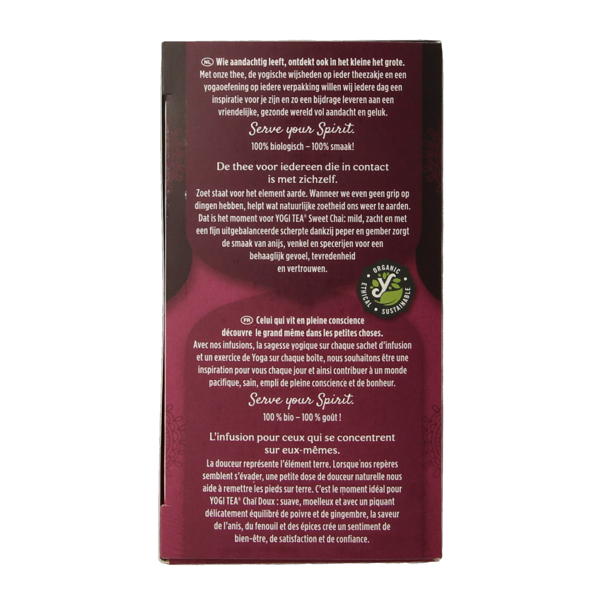 Yogi Tea Sweet Chai Bio with 17 herbal tea bags in a colorful box, featuring a steaming cup of chai on the packaging.