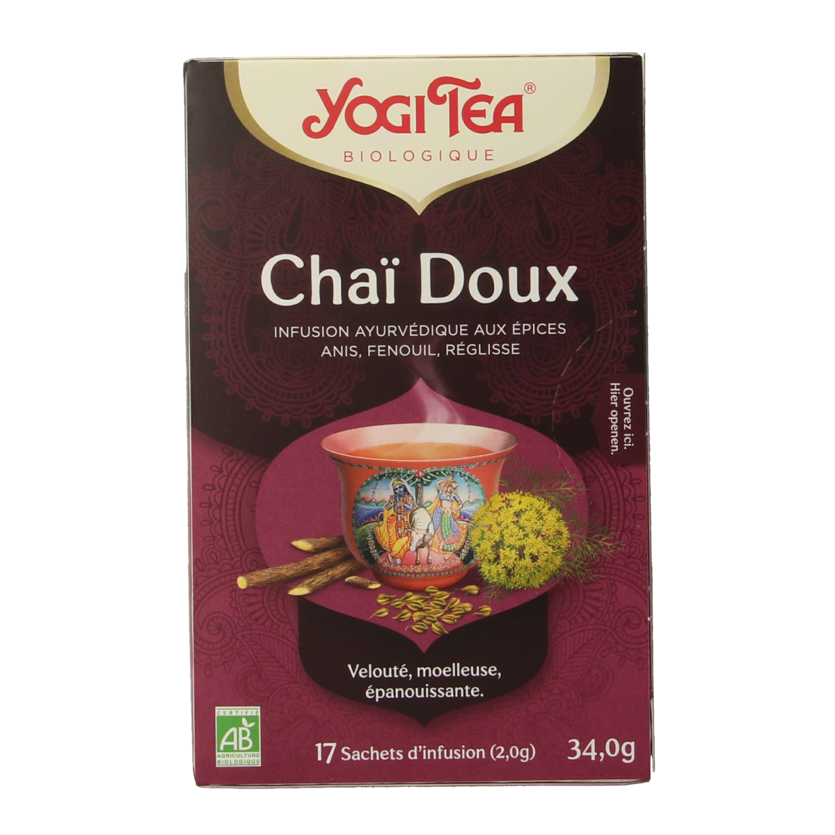 Box of Yogi Tea Sweet Chai organic tea bags, featuring 17.00 zakjes, with an image of the tea packaging and branding.