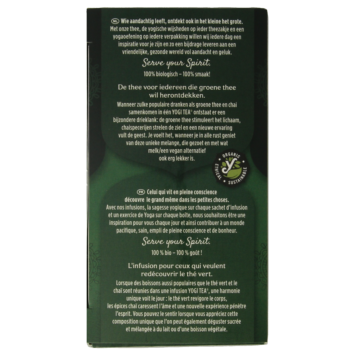Yogi Tea Green Chai bio box with 17 tea bags, featuring organic green chai tea leaves and packaging.