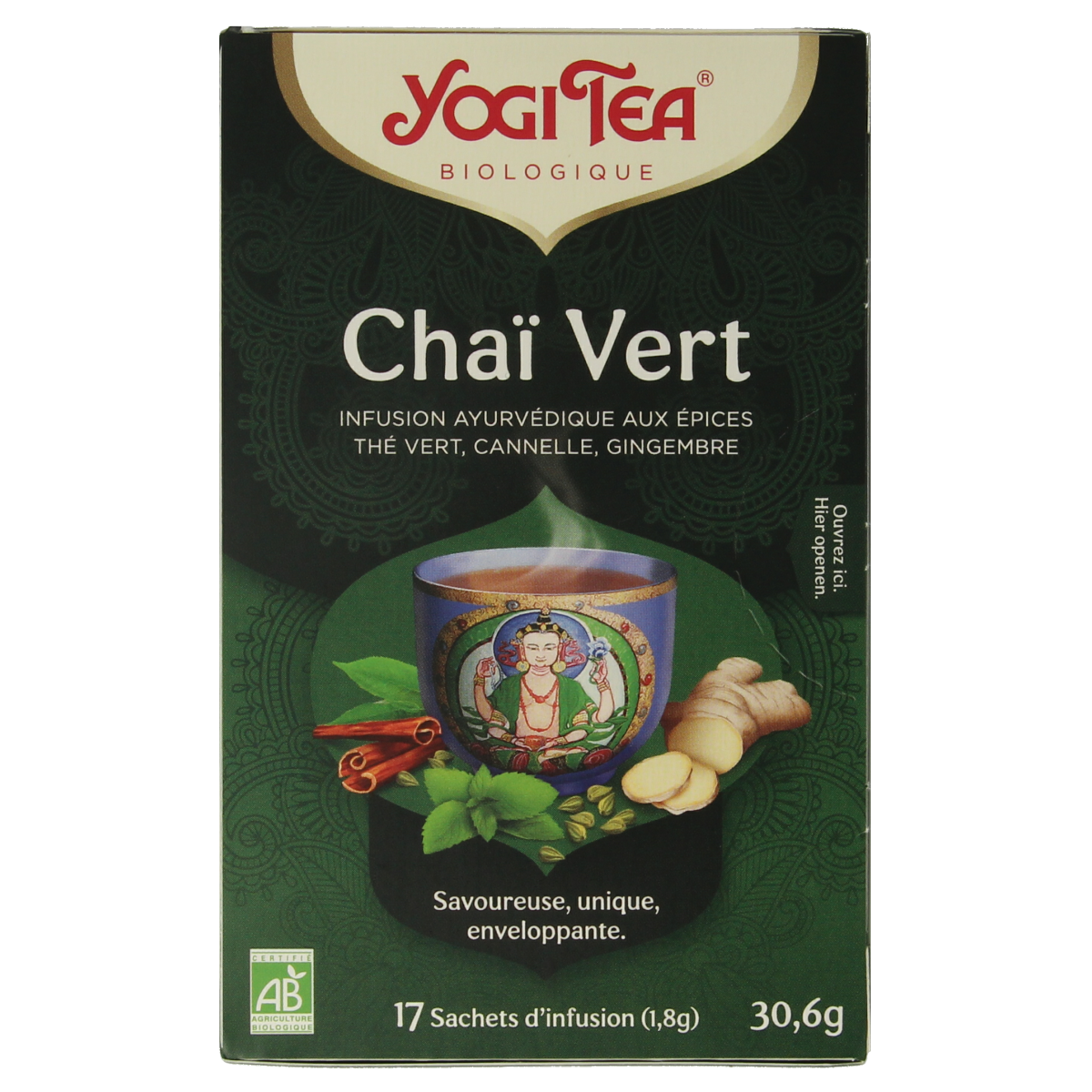 Yogi Tea Green Chai bio box with 17 organic tea sachets, featuring vibrant green tea and spice blend packaging.