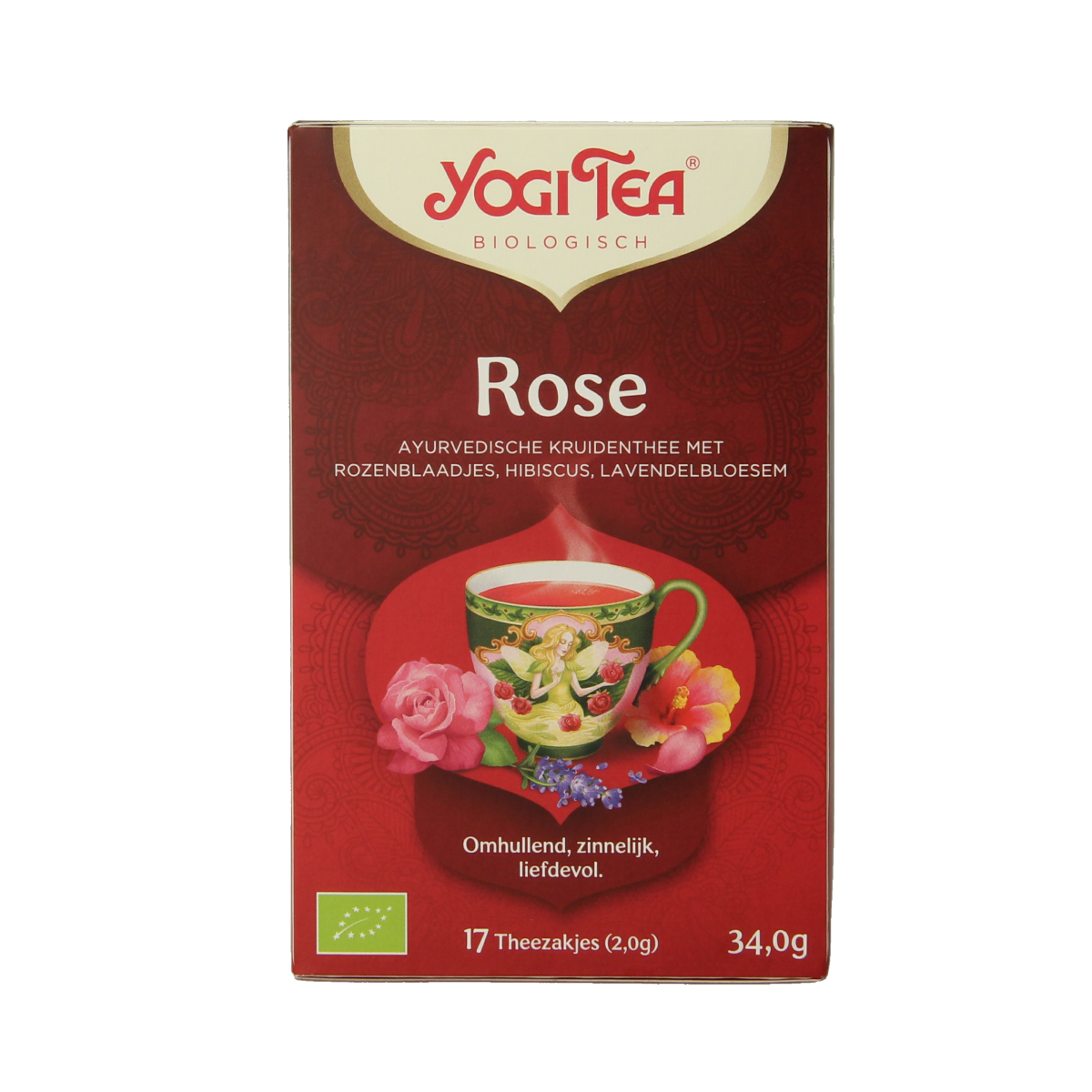 Yogi Tea Rose bio box with 17 herbal tea bags, featuring floral rose flavor in eco-friendly packaging.