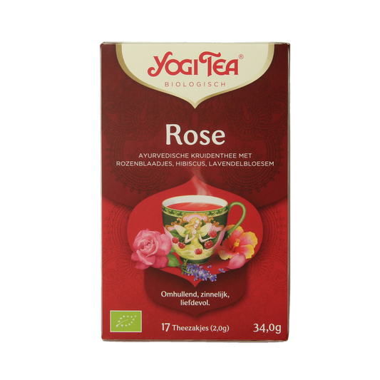 Yogi Tea Rose bio box with 17 herbal tea bags, featuring floral rose flavor in eco-friendly packaging.