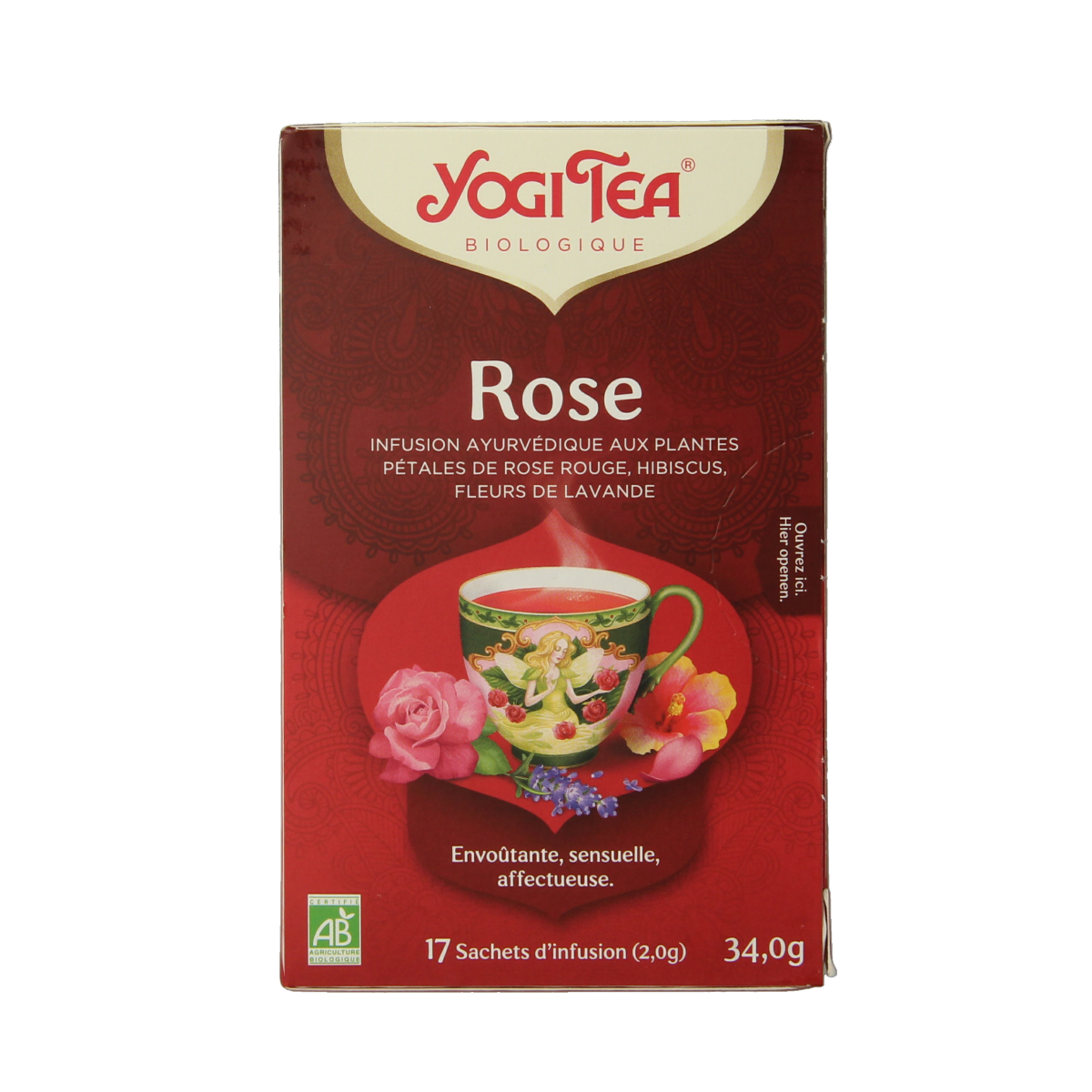 Yogi Tea Rose bio with 17 tea bags, featuring fragrant rose-flavored herbal tea in a colorful package.