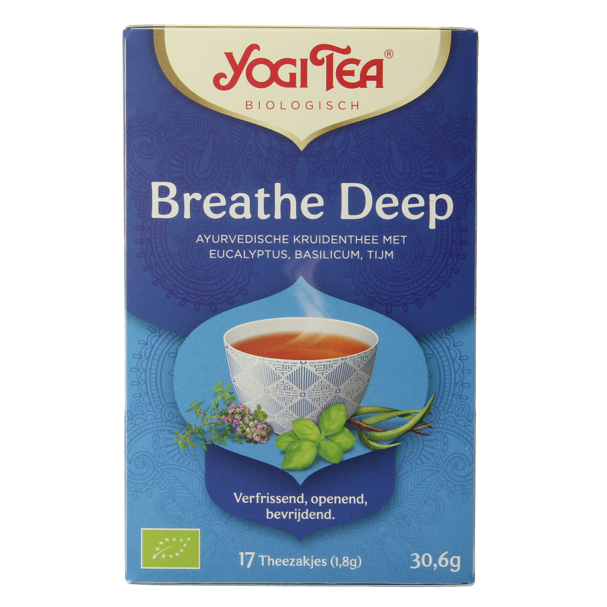 Yogi Tea Breathe Deep Bio tea bag pack, featuring 17 organic tea sachets for soothing herbal infusion.