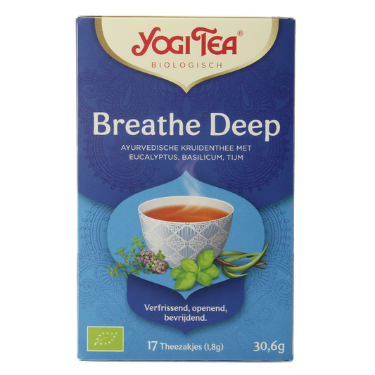 Yogi Tea Breathe Deep Bio tea bag pack, featuring 17 organic tea sachets for soothing herbal infusion.
