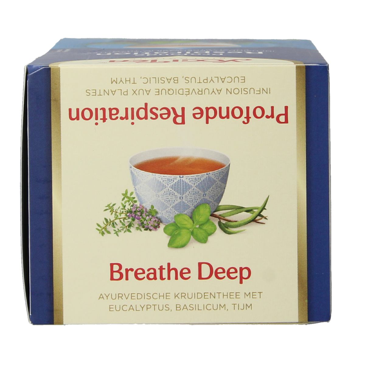 Yogi Tea Breathe Deep bio tea box with 17 tea bags, featuring herbal blend packaging and tea bags inside.