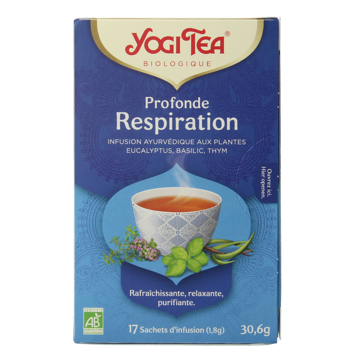 Yogi Tea Breathe Deep Bio tea bags in a box, herbal tea for respiratory support, from the Yogi Tea brand.