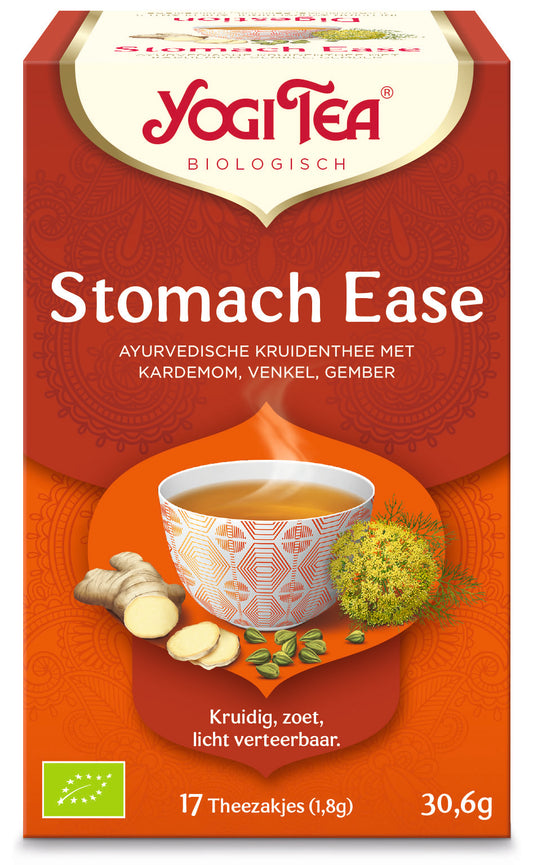 Yogi Tea Stomach Ease bio tea box with 17 organic tea bags, herbal blend for digestive comfort, natural and soothing.