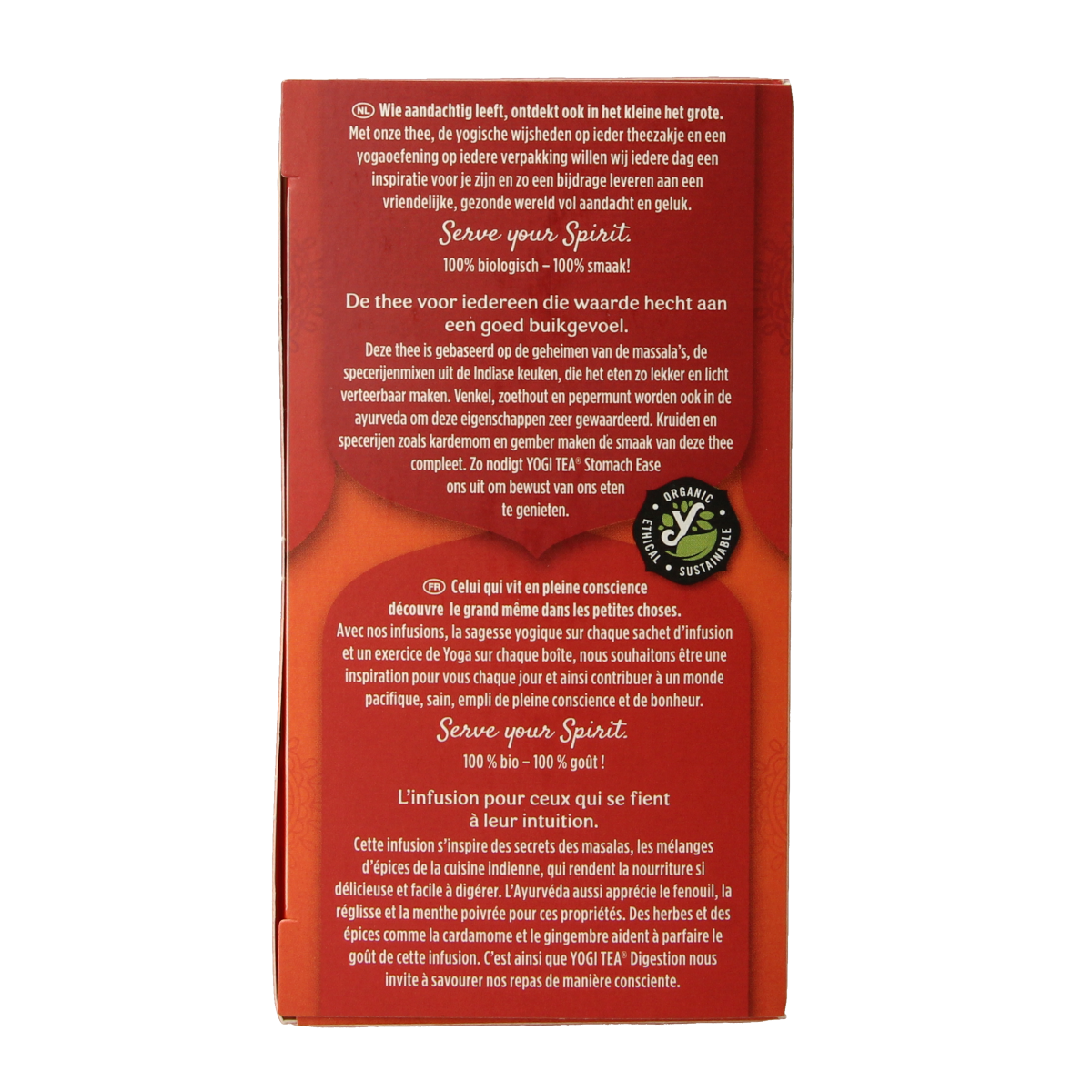 Yogi Tea Stomach Ease bio tea bag box showing 17 organic tea sachets, featuring herbal blend for digestive comfort.