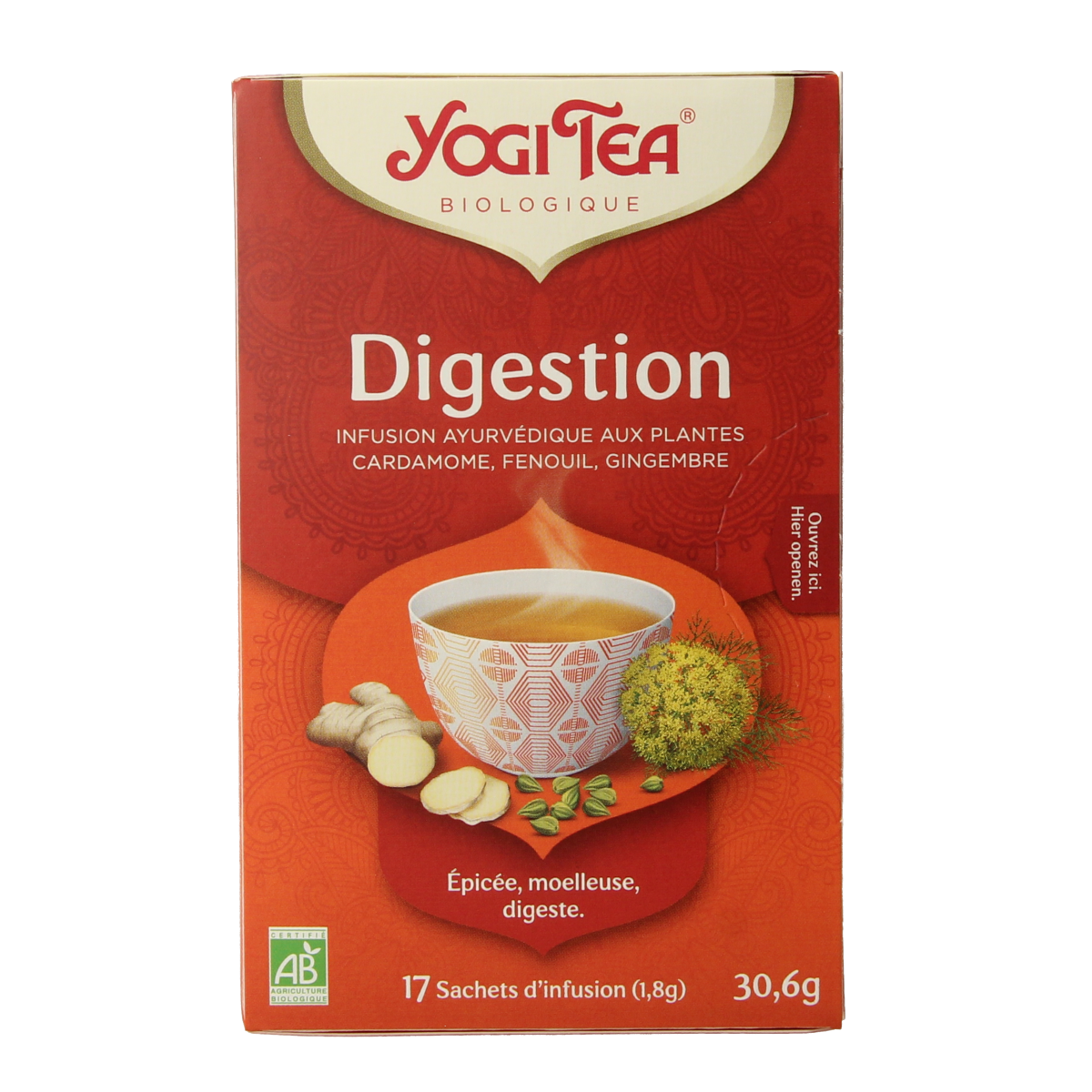 Yogi Tea Stomach Ease bio tea box with 17 tea bags, featuring herbal ingredients for digestive comfort.
