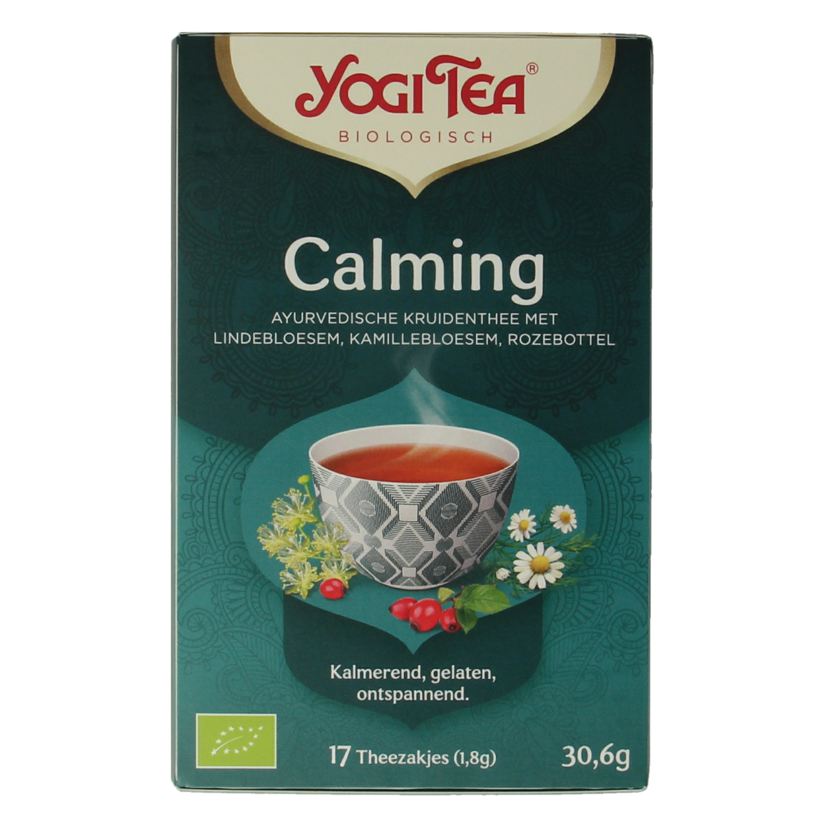 Yogi Tea Calming bio tea box with 17 organic tea bags, featuring calming herbal blend for relaxation.