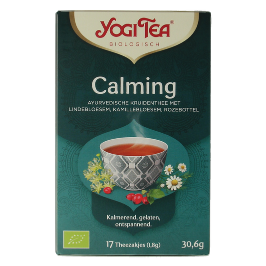 Yogi Tea Calming bio tea box with 17 organic tea bags, featuring calming herbal blend for relaxation.