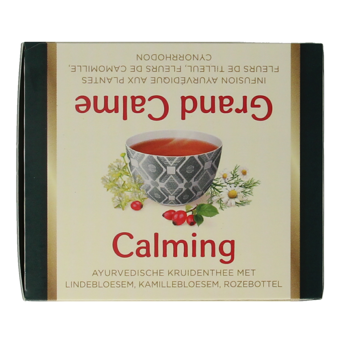 Yogi Tea Calming bio tea bags, 17-count, featuring herbal ingredients in a box with tea bags visible inside.