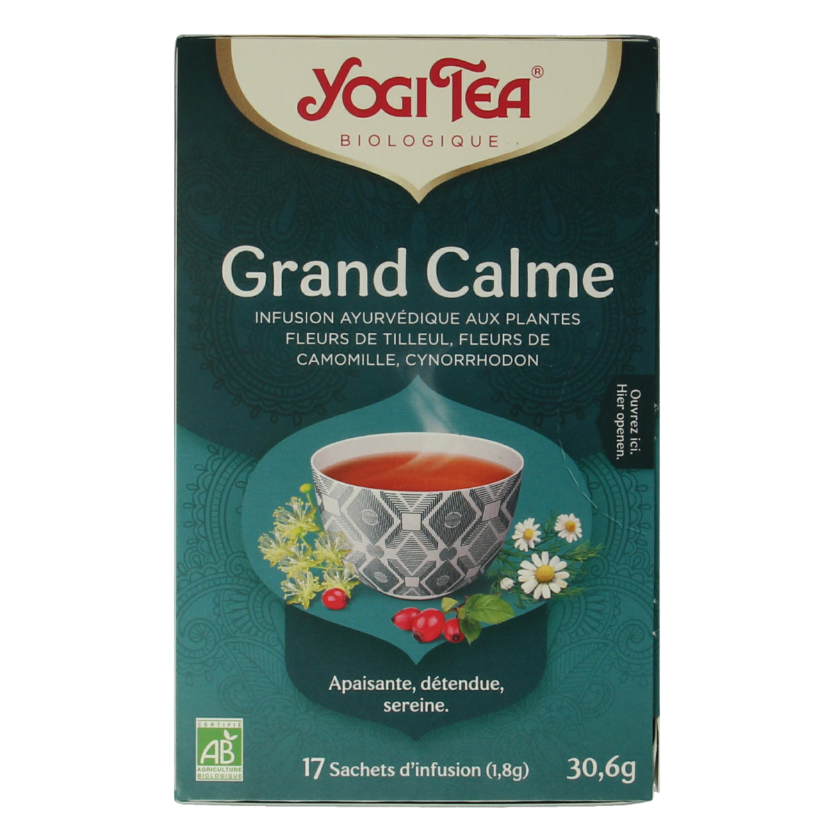 Yogi Tea Calming bio tea bags, 17-count, featuring herbal tea with calming ingredients in a colorful box.