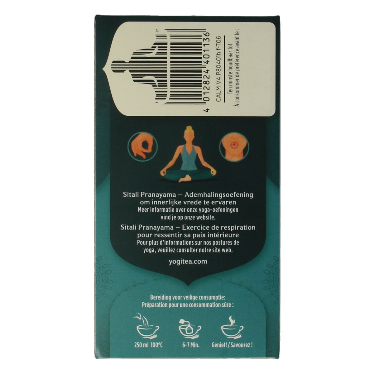 Yogi Tea Calming bio tea bags, 17-count, herbal tea with calming ingredients, in a box with tea bags visible inside.