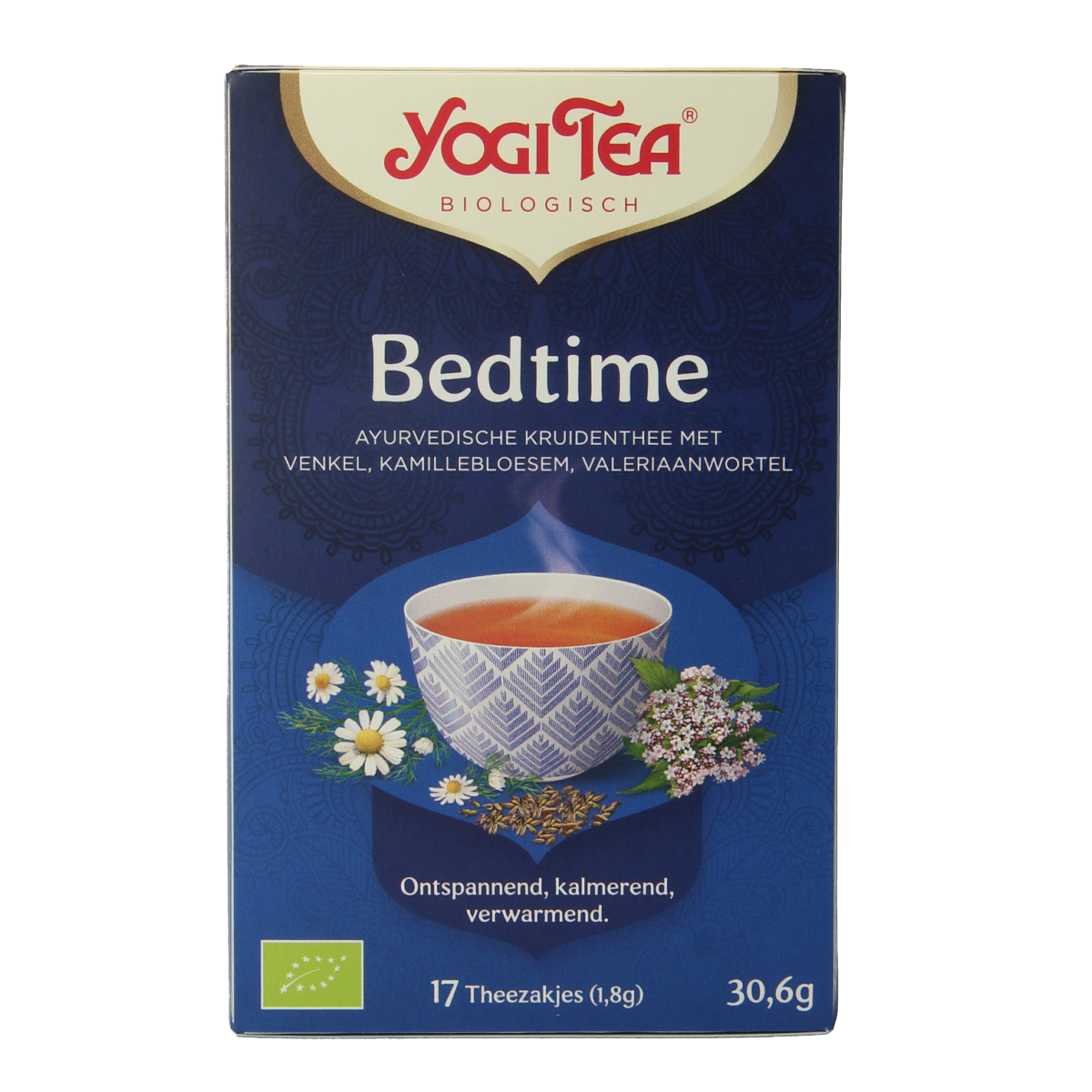 Yogi Tea Bedtime bio tea bags, 17-count, relaxing herbal tea in a box, with a close-up of the packaging and tea bags.