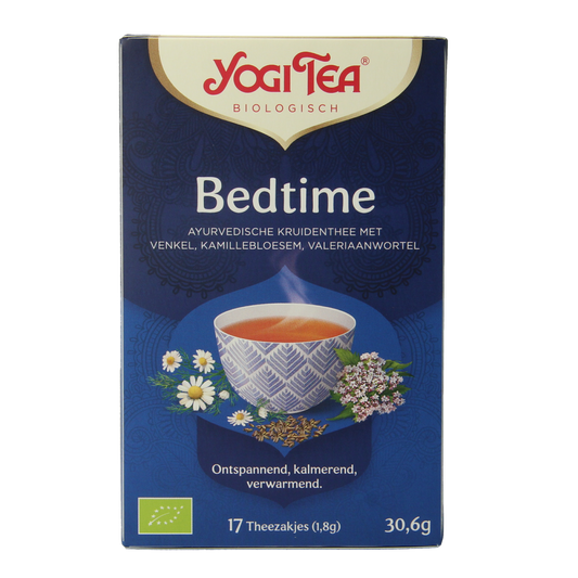 Yogi Tea Bedtime bio tea bags, 17-count, relaxing herbal tea in a box, with a close-up of the packaging and tea bags.