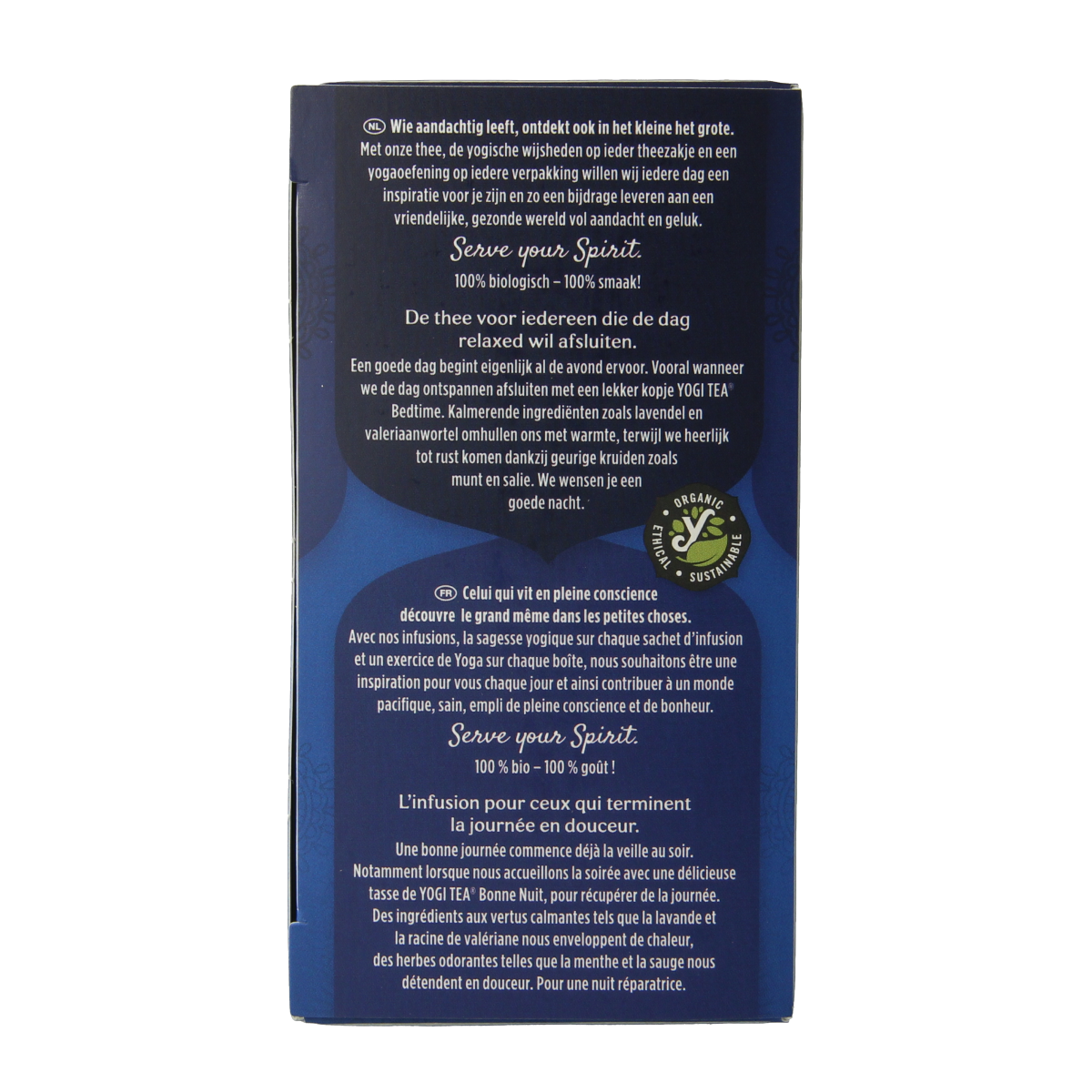 Yogi Tea Bedtime bio tea box with 17 tea bags, featuring herbal ingredients for a calming bedtime beverage.