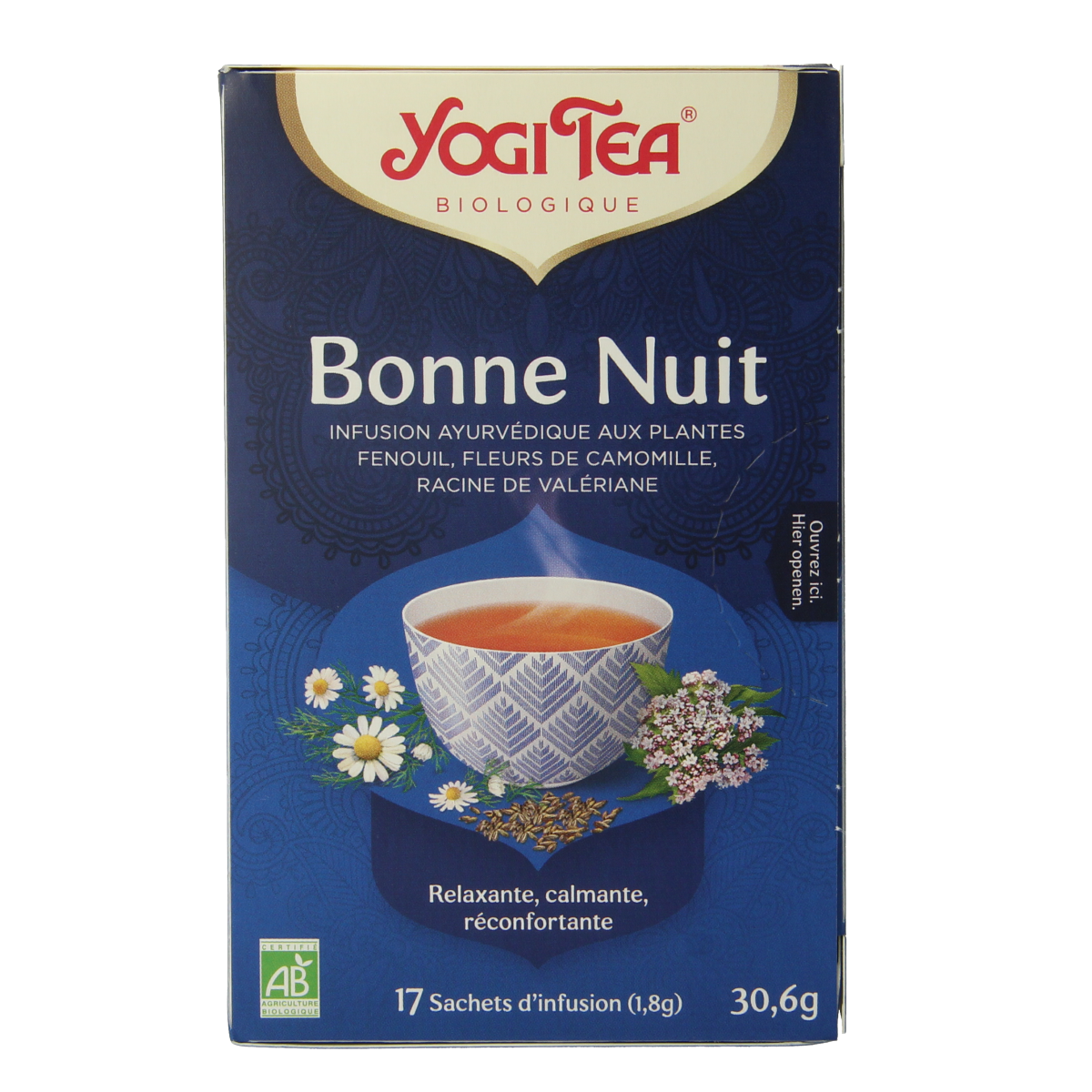 Yogi Tea Bedtime bio tea bags, 17-count, herbal tea with calming ingredients, in a box with tea bags visible inside.