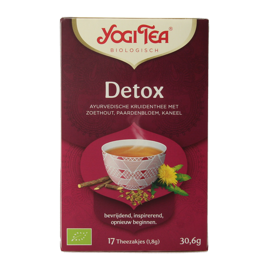 Yogi Tea Detox bio with 17 organic tea sachets in a box, featuring herbal tea with natural ingredients.