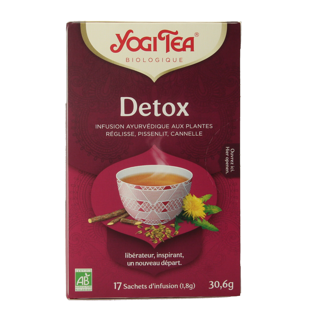 Yogi Tea Detox bio box with 17 organic tea bags, featuring herbal blend for cleansing and wellness.