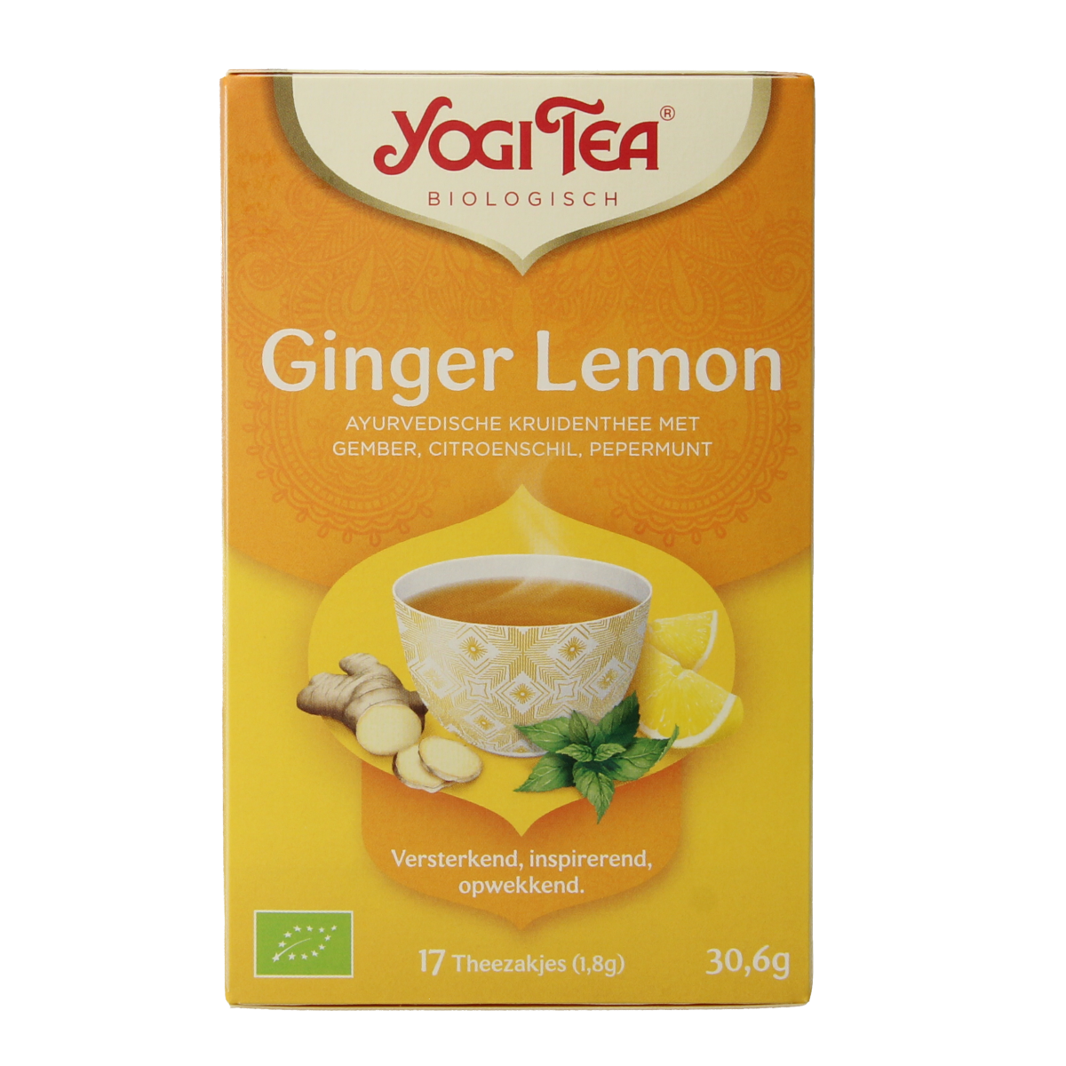 Yogi Tea Ginger Lemon Munt organic tea box with 17 tea bags, featuring fresh ginger, lemon, and mint flavor.