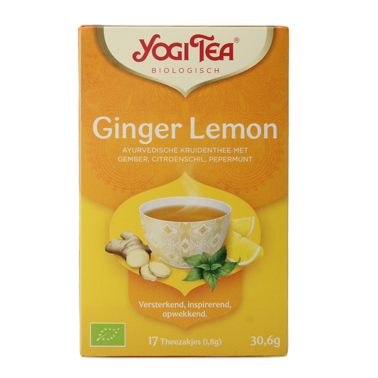 Yogi Tea Ginger Lemon Munt organic tea box with 17 tea bags, featuring fresh ginger, lemon, and mint flavor.