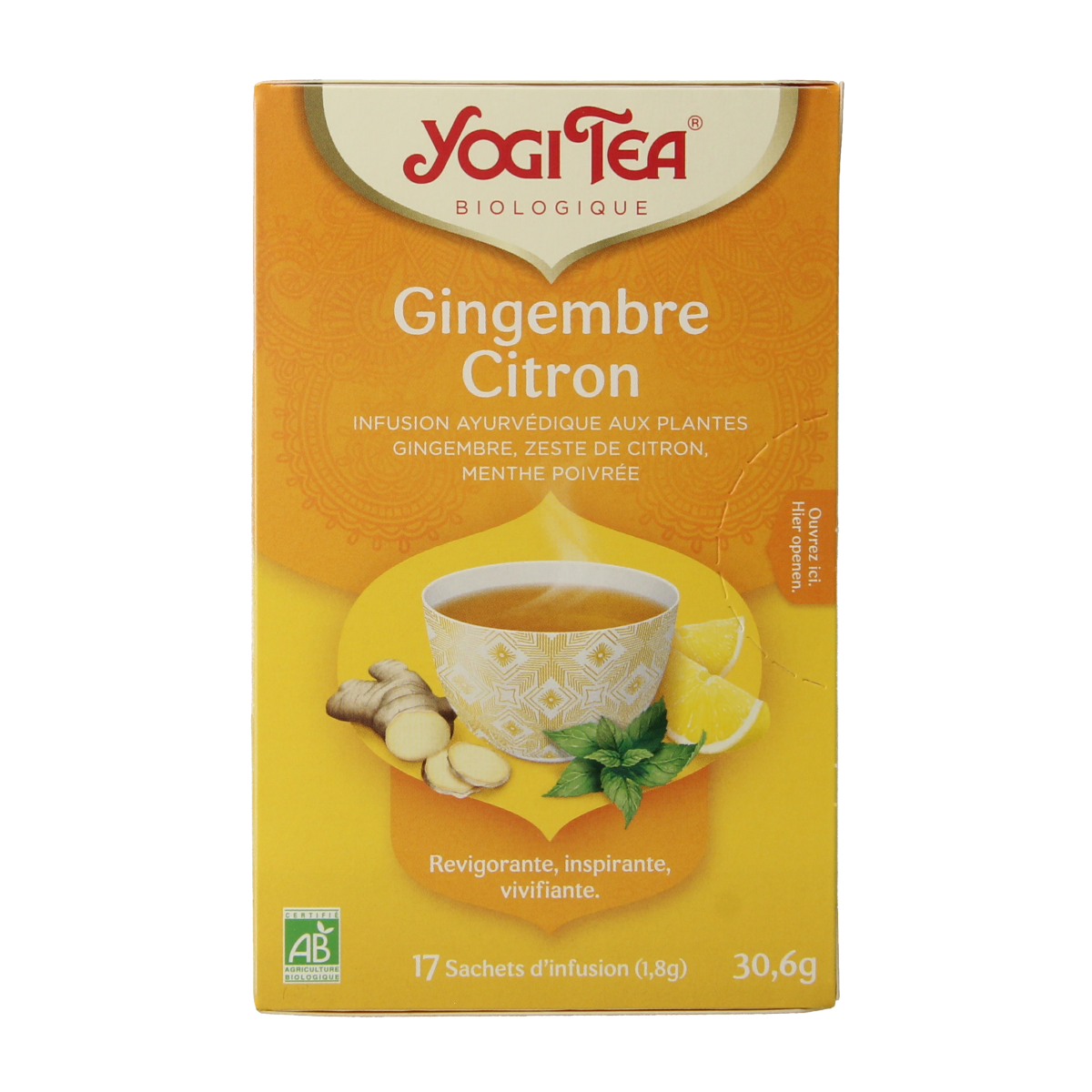 Yogi Tea Ginger Lemon Munt herbal tea box with 17 tea bags, featuring fresh ginger, lemon, and mint flavor.