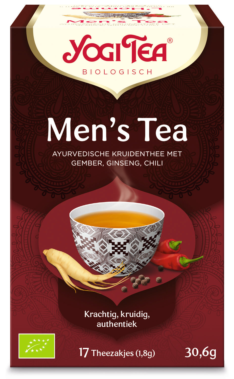 Organic Yogi Tea Men's herbal tea bag box with 17 sachets, featuring natural ingredients and eco-friendly packaging.
