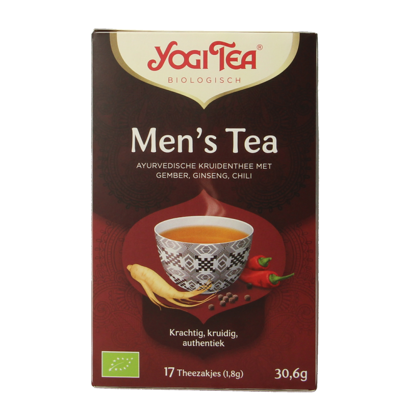 Yogi Tea Men's bio tea in a box with 17 tea bags, featuring herbal and wellness ingredients for a calming tea experience.