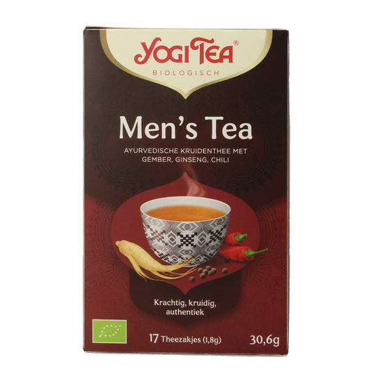 Yogi Tea Men's bio tea in a box with 17 tea bags, featuring herbal and wellness ingredients for a calming tea experience.