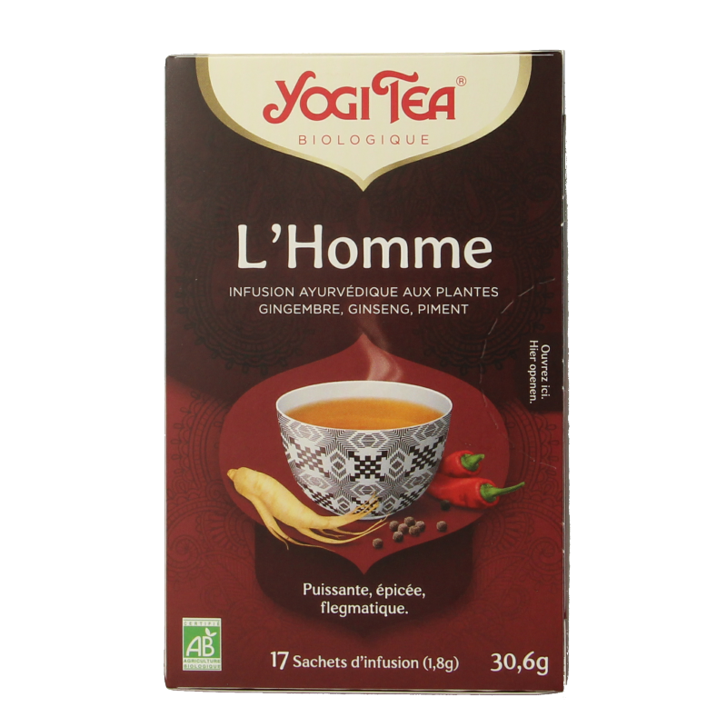 Yogi Tea Men's bio tea sachets box, showcasing 17 organic tea bags with herbal blend packaging.