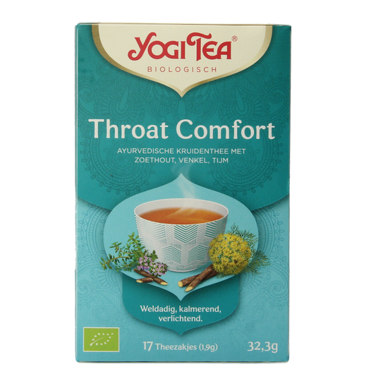 Yogi Tea Throat Comfort bio tea bag pack with 17 organic tea sachets, featuring herbal ingredients for soothing throat relief