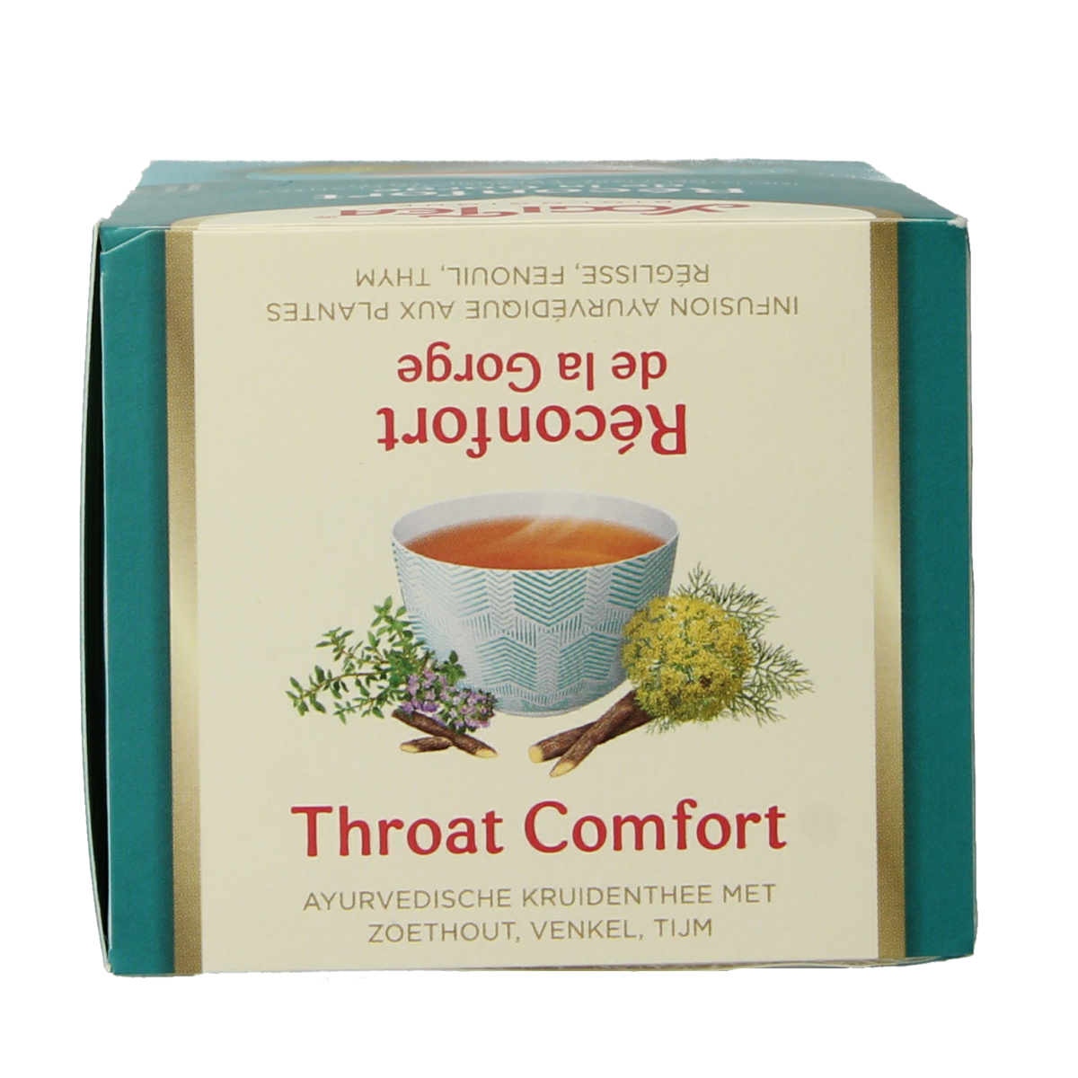 Yogi Tea Throat Comfort bio tea box with 17 tea bags, featuring herbal blend for soothing throat relief.