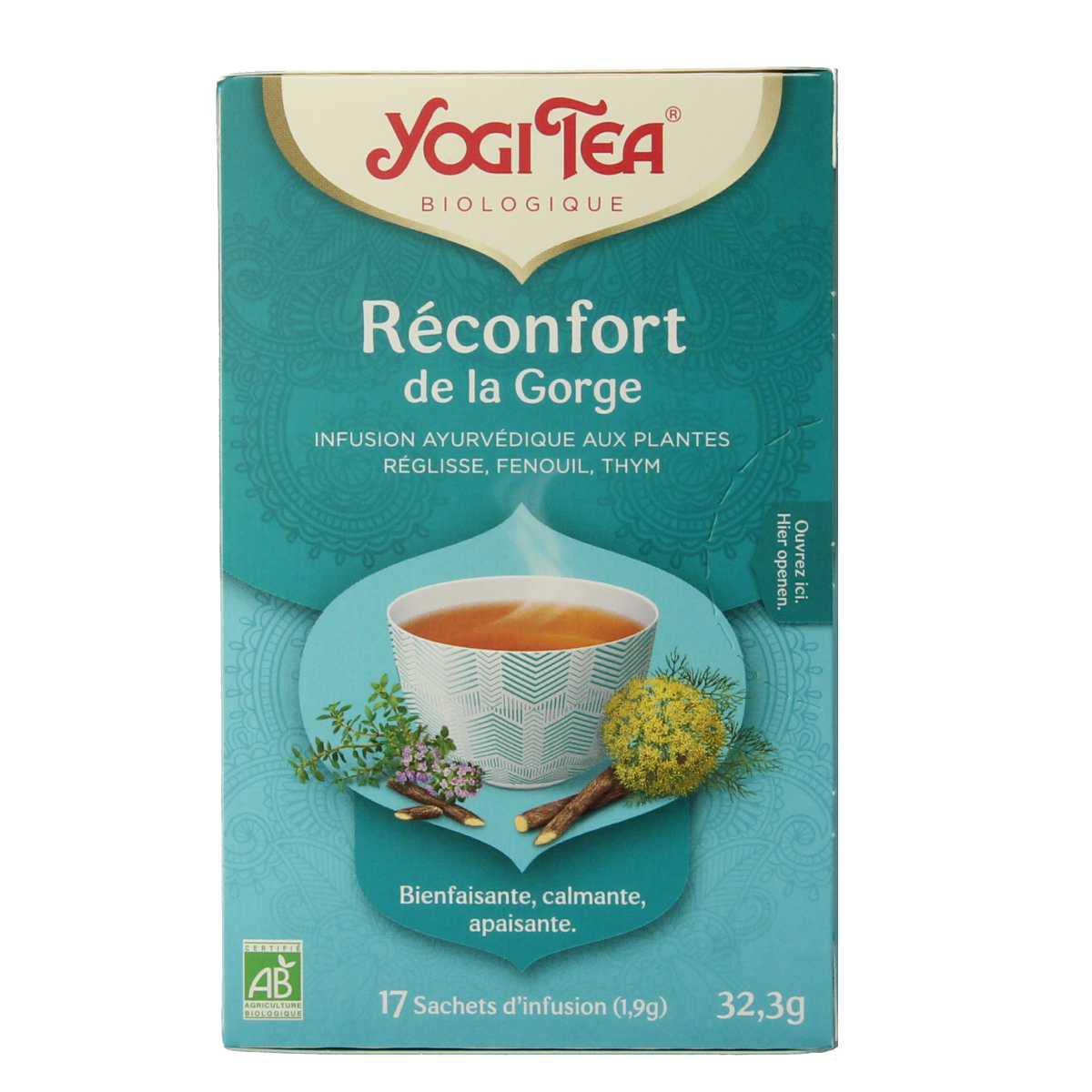 Yogi Tea Throat Comfort bio tea bags, herbal tea with natural ingredients, in a box of 17 tea bags.
