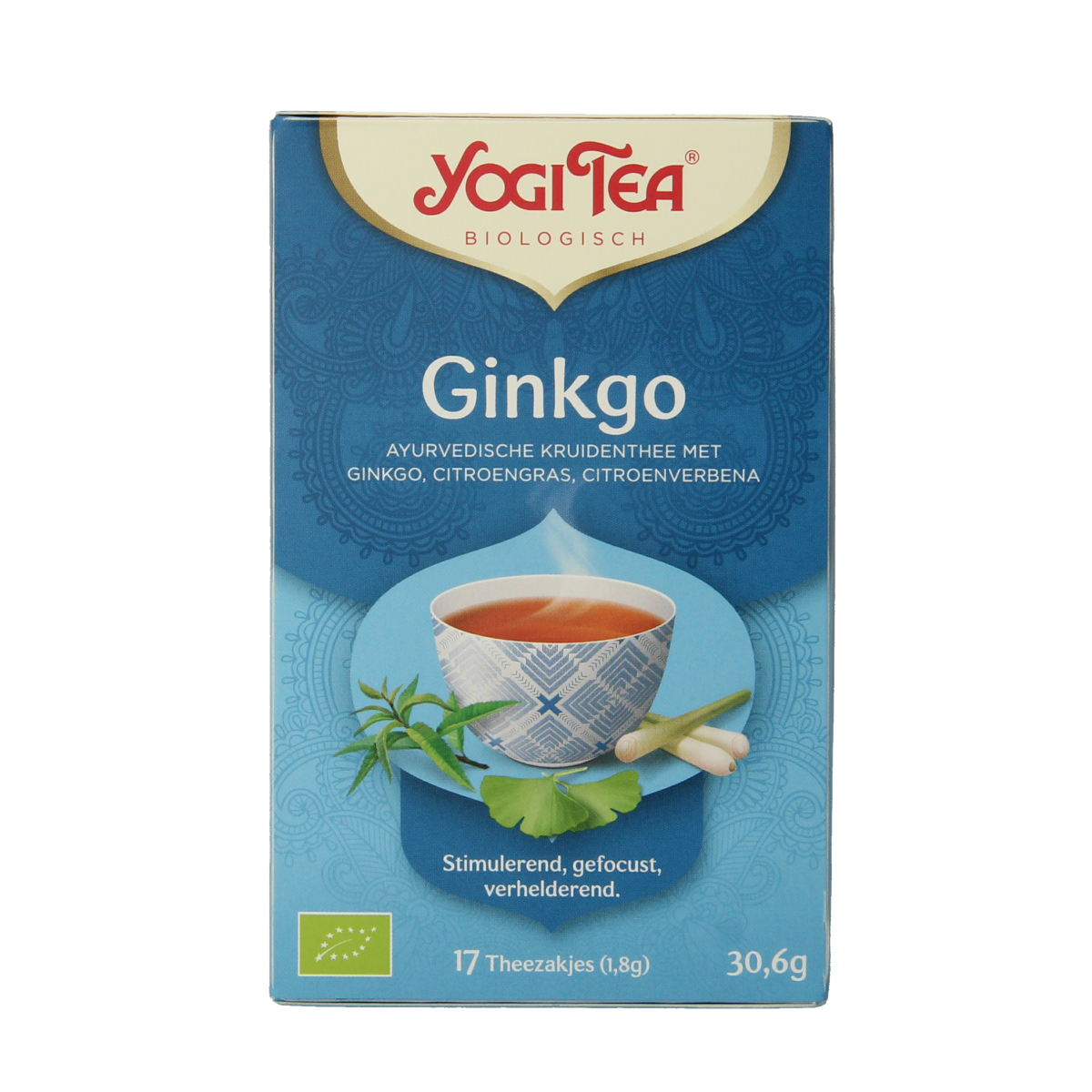 Yogi Tea Ginkgo bio herbal tea in a box with 17 tea sachets, featuring fresh ginkgo leaf imagery on the packaging