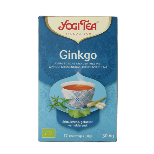 Yogi Tea Ginkgo bio herbal tea in a box with 17 tea sachets, featuring fresh ginkgo leaf imagery on the packaging