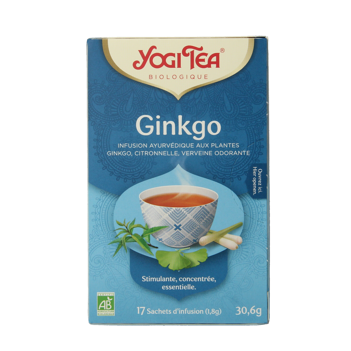 Yogi Tea Ginkgo bio tea packets, organic herbal tea with ginkgo leaves, in a box with 17 tea bags, natural and healthy beverage.