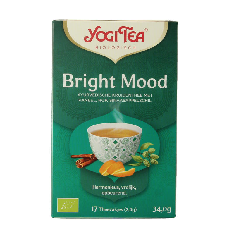 Yogi Tea Bright Mood bio with 17 tea bags, featuring herbal tea packaging with vibrant design and natural ingredients.