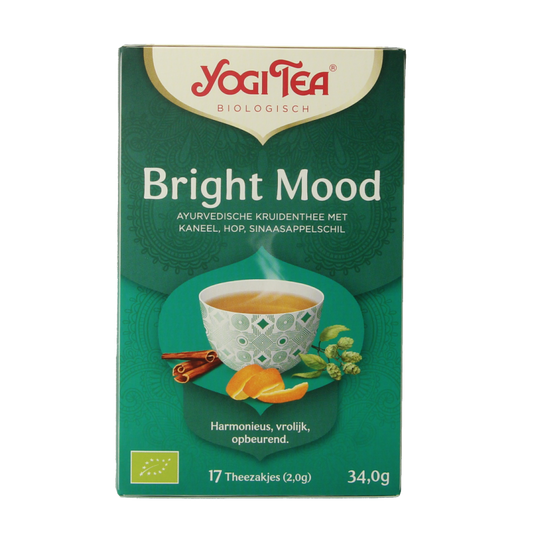 Yogi Tea Bright Mood bio with 17 tea bags, featuring herbal tea packaging with vibrant design and natural ingredients.