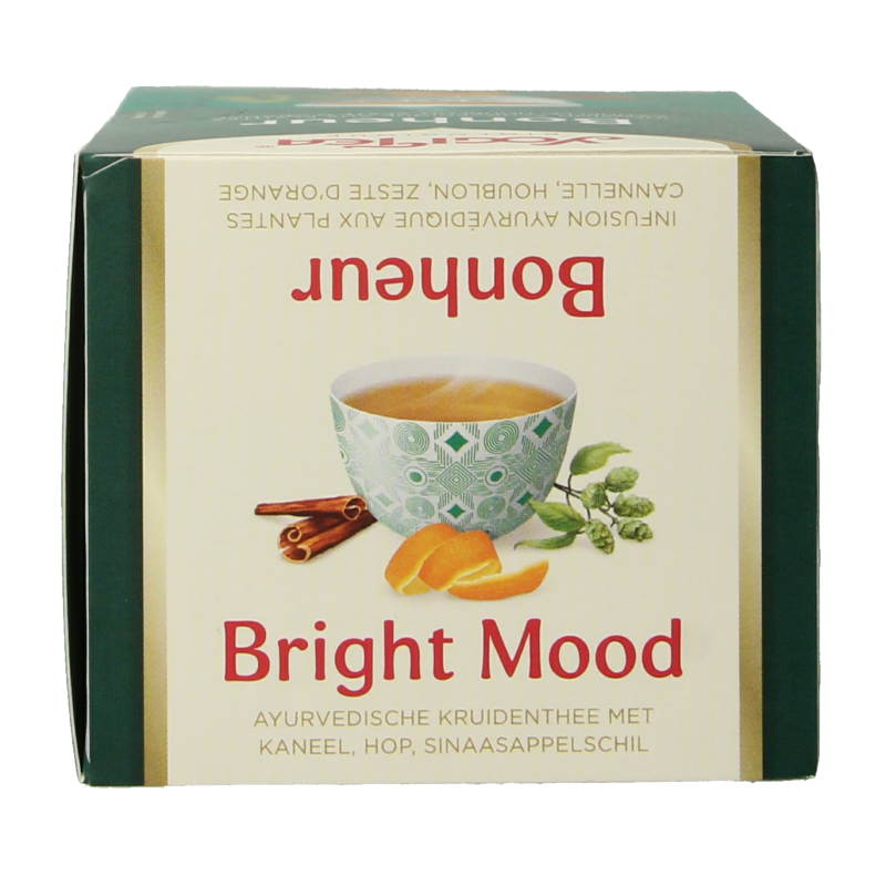 Yogi Tea Bright Mood bio tea box with 17 tea bags, featuring herbal ingredients for a refreshing, uplifting beverage.