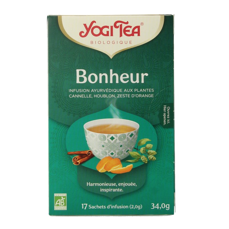Yogi Tea Bright Mood bio 17 tea bags, herbal tea box with colorful packaging and tea bags visible inside.