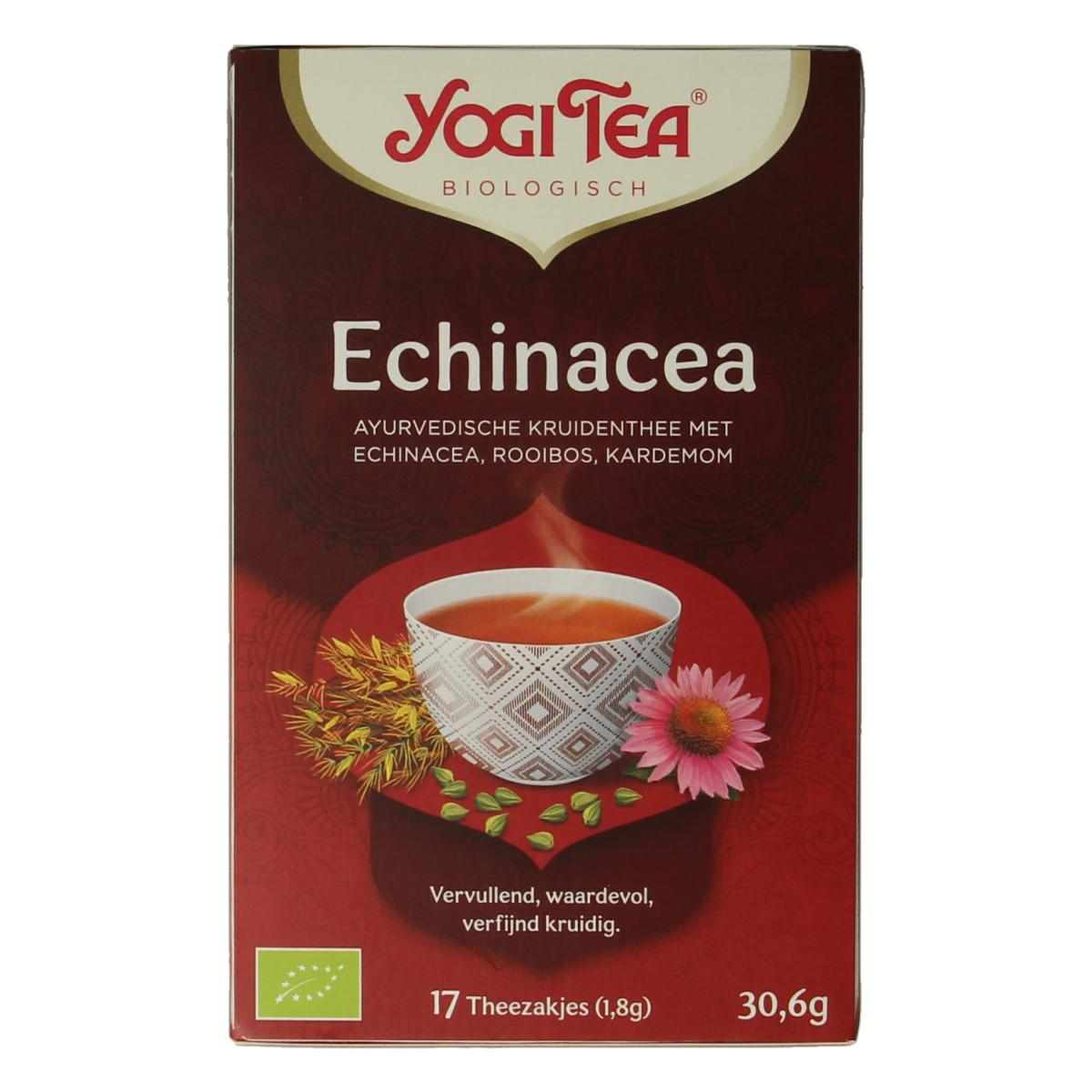 Yogi Tea Echinacea bio with 17 tea sachets, featuring a box of herbal tea with echinacea leaves and natural ingredients.
