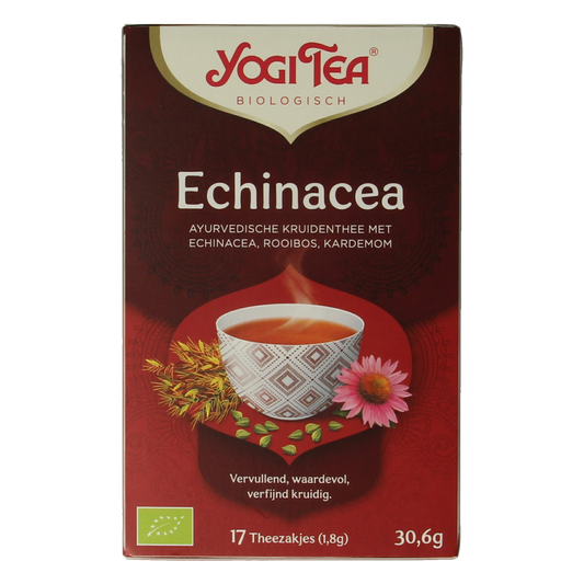 Yogi Tea Echinacea bio with 17 tea sachets, featuring a box of herbal tea with echinacea leaves and natural ingredients.