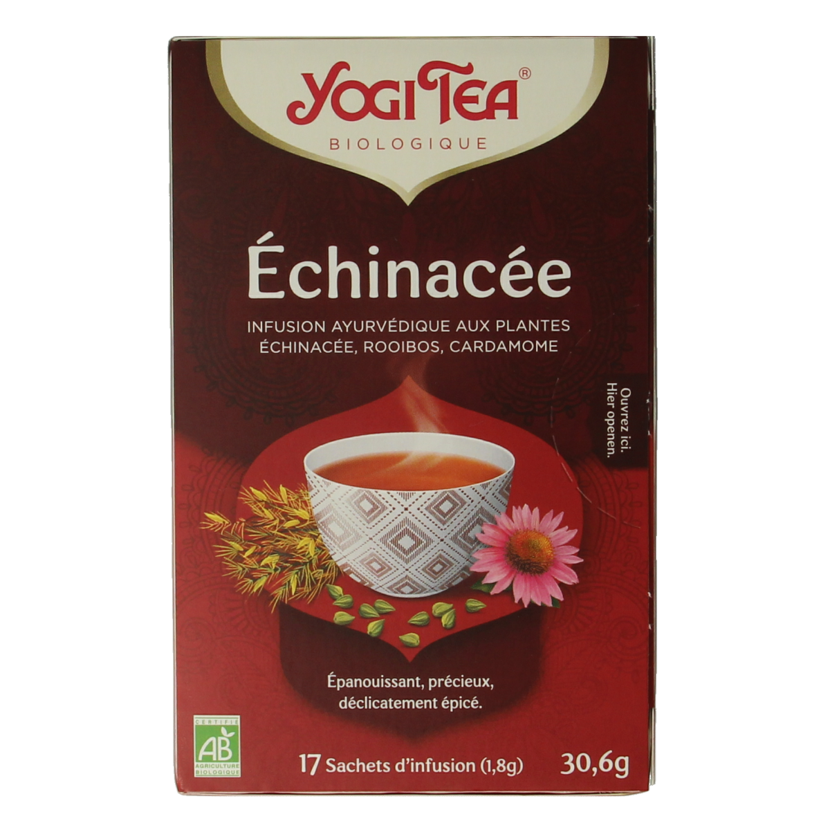 Yogi Tea Echinacea bio box with 17 tea bags, natural herbal tea for immune support, in a colorful packaging.