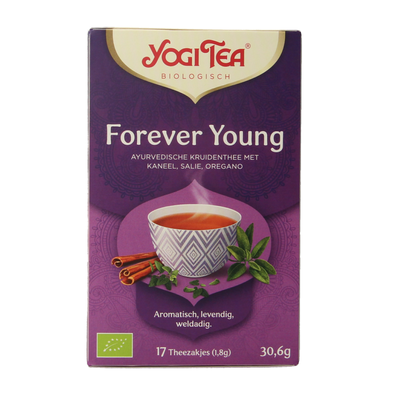 Yogi Tea Forever Young bio tea in 17 tea bags, featuring herbal blend in a box with colorful packaging.