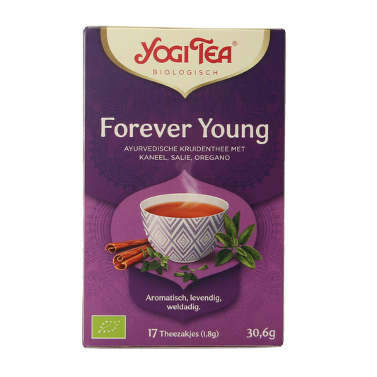 Yogi Tea Forever Young bio tea in 17 tea bags, featuring herbal blend in a box with colorful packaging.